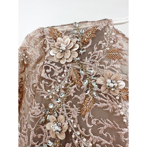 Mac Duggal 11121 Mocha Embellished Long Sleeve Illusion A-Line Gown Size 6 - Picture 5 of 10